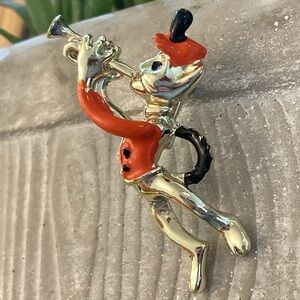 Cat playing trumpet lapel pin or flying monkey playing trumpet goldtone brooch
